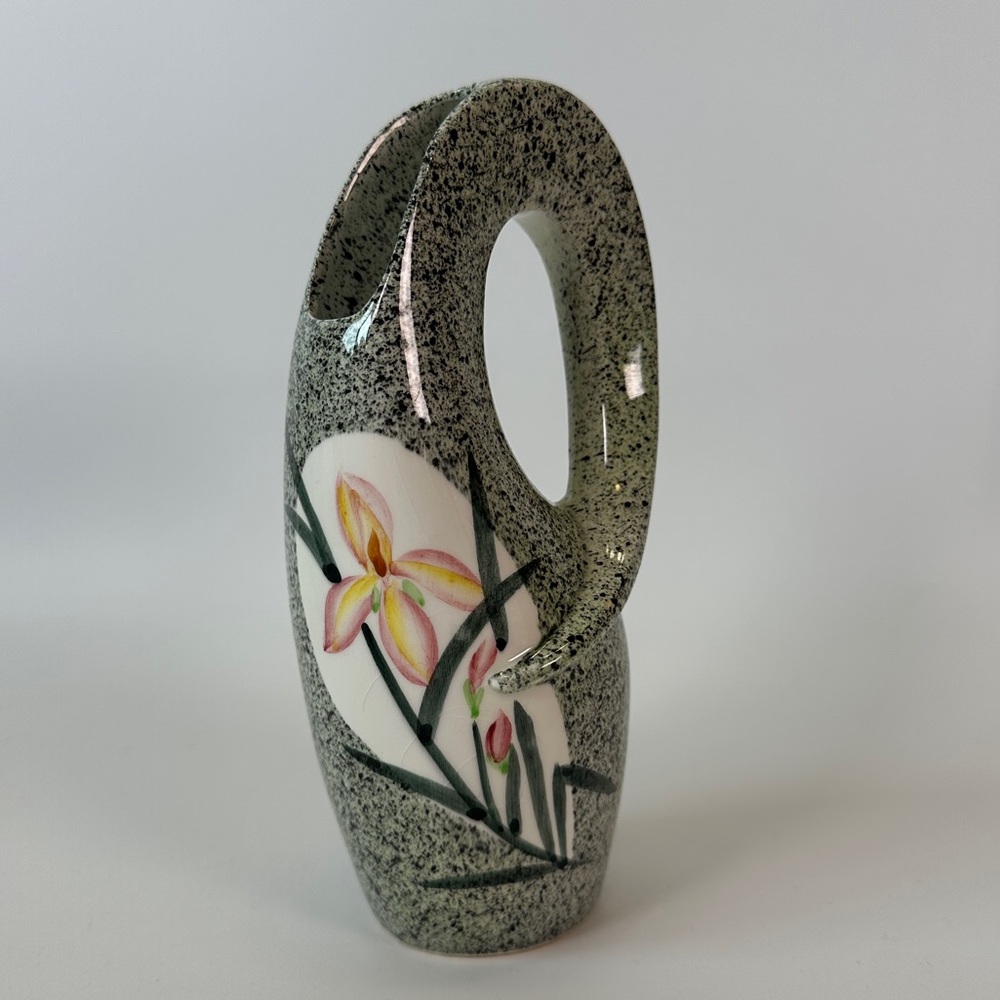 VTG Pikasiak Porcelain Vase 1960s Abstract Floral Iris Lilly Painted Speckled